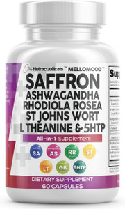 Clean Nutraceuticals Saffron Supplements Extract 100mg + Ashwagandha L-Theanine 200mg - Mood Support Ginkgo Biloba, St. John's Wort, Rhodiola Rosea &