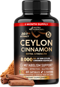 Ceylon Cinnamon Capsules - Extra Strength - Energy Heart & Metabolism Support for Men & Women - Pure Natural Cinnamon 20:1 Extract Supplement - GMO &