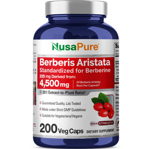 NusaPure Berberine HCI 20:1 Extract, 225 mg Equivalent to 4,500mg - 200 Veggie Caps - (Vegetarian, Non-GMO, Vegan)