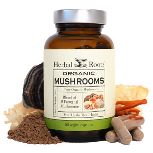 Herbal Roots Organic 8 Mushroom Blend Supplement Capsules - 100% Fruiting Body Extracts - Wellness and Immunity - 60 Vegan Capsules