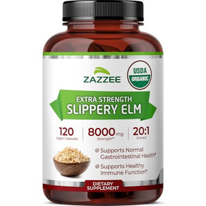Zazzee USDA Organic Slippery Elm Bark 20:1 Extract, 8000 mg Strength, 120 Vegan Capsules, 4 Month Supply, Standardized, Concentrated 20X Extract, 100
