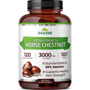 Zazzee Extra Strength Horse Chestnut 10:1 Extract, 3000 mg Strength, 20% Aescins, 4 Month Supply, 120 Vegan Capsules, Concentrated and Standardized 1