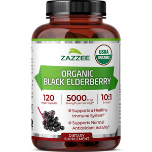 Zazzee USDA Organic Black Elderberry 10:1 Extract, 5000 mg Strength, 120 Vegan Capsules, 2 Month Supply, Standardized, Concentrated 10X Extract, 100%