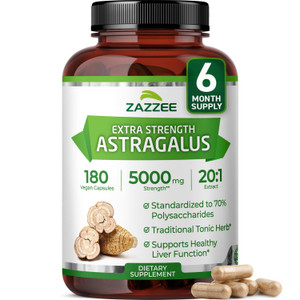Zazzee Extra Strength Astragalus Root 20:1 Extract, 5000 mg Strength, 70% Polysaccharides, 180 Vegan Capsules, 6 Month Supply, 100% Vegetarian, Stand