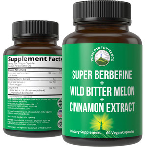 Ultra High Strength 4-in-1 Super Berberine Patented GlucoVantage + Wild Bitter Melon + Cinnamon Extract + Chromium Picolinate Vegan Capsules. Great S