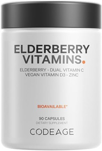 Codeage Elderberry Vitamins - Organic Fermented Elderberry Blend, Vitamin C from Ascorbic Acid & Organic Acerola Cherries, Vitamin D3, Zinc, Sambucus