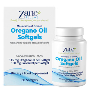 Zane Hellas Oregano Oil Softgels. Extra Strength. Every Softgel Contains 20% Greek Essential Oil of Oregano. 100 mg Carvacrol per Softgel. 60 Softgel