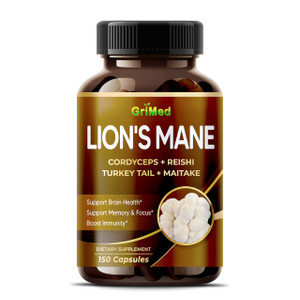 GriMed Lion's Mane Mushroom 13,600mg with Beta-(1,3)(1,6)-glucans, Cordyceps, Reishi Mushroom- Organic Brain Boosting Supplement for Clarity, Focus &