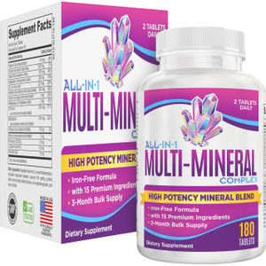 3-Month Multimineral Supplement 15-in-1 (Iron Free Formula) | Multi Minerals Complex | 90-Day Bulk Supply Multiminerals | 180 Tablets