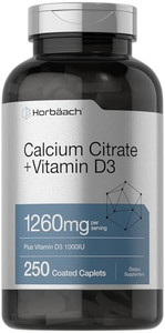 Horbäach Calcium Citrate with Vitamin D3 | 1260 mg | 250 Caplets | Vegetarian, Non-GMO, Gluten Free Supplement