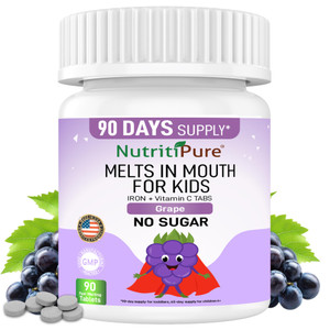 NutritiPure Kids Chewable Iron Supplement, Ferronyl® Carbonyl Iron 9 mg, Vitamin C 30 mg, Grape Flavor, 90 Tablets (1 Bottle)