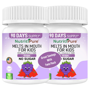 NutritiPure Kids Chewable Iron Supplement, Ferronyl® Carbonyl Iron 9 mg, Vitamin C 30 mg, Grape Flavor, 90 Tablets (2 Bottles)