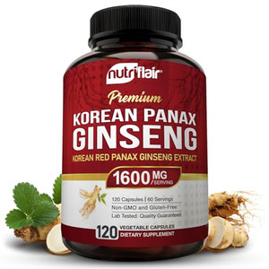 NutriFlair Korean Red Panax Ginseng 1600mg  120 Vegan Capsules | 5% Ginsenosides | Non-GMO, Gluten-Free | Natural Energy & Focus Support | Made in U