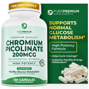 PurePremium Chromium Picolinate 200mcg - High Potency Chromium Supplements - Essential Mineral Health Support for Men/Women - Gluten-Free - 3 Months