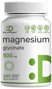 Deal Supplement Magnesium Glycinate 500mg, 240 Veggie Capsules | 100% Chelated for Easy Absorption | Essential Mineral Supplement | Non-GMO, Gluten-F