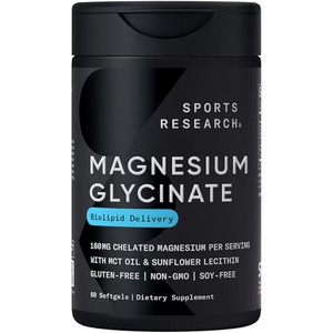 Sports Research® Magnesium Glycinate - Supports Restful Sleep & Enzymatic Processes - 160 mg Chelated Magnesium - Liquid Softgel - 60 Count