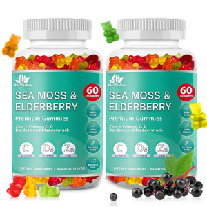 BIO VITALICA Sea Moss Gummies Elderberry BioVitalica - Vitamin C D + Zinc - Irish Seamoss Vegan Gummy with Sea Moss Gel & Powder for Immunity, Detox