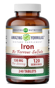 Amazing Formulas Iron as Ferrous Sulfate Supplement | 130 Mg per Serving | 240 Tablets | Non-GMO | Gluten-Free | Made in USA