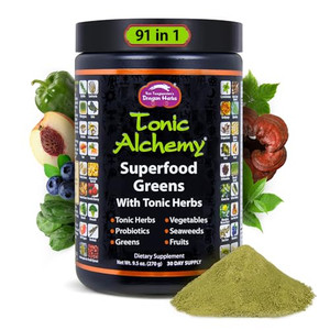 Dragon Herbs Tonic Alchemy Superfood Greens Powder with 91 Ingredients: Tonic Herbs, Ashwagandha, Mushrooms, Probiotics, Super Greens, Seaweeds, Frui