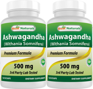 Best Naturals 2 Pack Ashwagandha Capsules for Relaxing Stress and Mood, 500 mg, 120 Count (Total 240 Capsules)