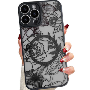 Changjia Magnetic Floral Case for iPhone 16 Pro Max, [Compatible with MagSafe] Cute Black Flower Case for Women Girls Soft TPU Bumper Hard PC Clear S
