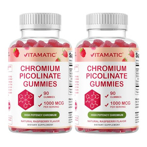 Vitamatic Chromium Picolinate 1000 mcg - 90 Gummies - High Potency Chromium - Raspberry Flavor (Total 180 Gummies) 2 Packs