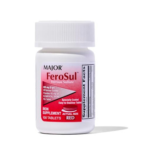Major Ferosul - Ferrous Sulfate 325mg Tablets with 65mg of Elemental Iron - Iron Supplement for Women, Men - Red - 100 Tablets - Pack of 1
