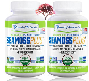 Power By Naturals Sea Moss Plus - USDA Certified Organic Wildcrafted Irish Seamoss, Bladderwrack & Burdock Root, Supplement for Immunity, 60Ct, 2 Pac