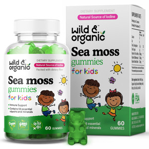Wild & Organic Irish Sea Moss Gummies for Kids 800mg - Immune Support with Bladderwrack - Vegan Sea Moss Gel Chews for Overall Support - 60 Non-GMO S