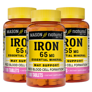 MASON NATURAL Iron 65 mg Supports Red Blood Cell Formation, Improves Energy Utilization, Essential Mineral Supplement Tablets, Black, 100 Count (Pack