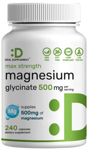 Max Strength Magnesium Glycinate 500mg Per Serving, 240 Capsules | 100% Chelated for Easy Absorption | Essential Mineral Supplement for Muscle, Sleep
