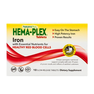 NaturesPlus Hema-Plex Iron - 10 Slow-Release Tablets - 85 mg Chelated Iron - Total Blood Health - with Vitamin C & Bioflavonoids - Vegan, Gluten Free