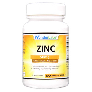 Wonder Laboratories Chelated Zinc Gluconate 50 mg - Supports Healthy Skin, Immune System, Cell Growth, and More - 100 Vegetarian Tablets