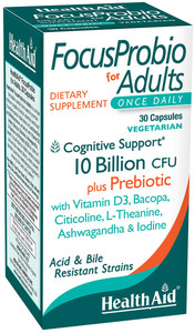 FocusProbio for Adults  10?Billion CFU Probiotic with Prebiotic, Bacopa, Citicoline, L?Theanine, Ashwagandha & Vitamin D? | Supports Focus, Mood & G