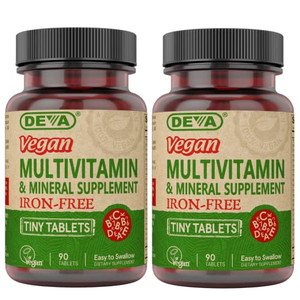 DEVA Vegan Iron-Free Multivitamin & Mineral Supplement 2-Pack, Vitamin C, D2, E & B-Complex, Biotin, 90 Tiny Tablets Each