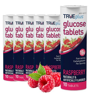 TRUEplus Glucose Tablets, Chewable, Raspberry Flavor, 15g Fast-Acting Carbohydrates, Fat Free, Gluten Free, Raise Low Blood Sugar and Boost Energy, 1