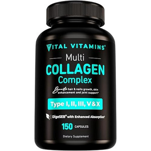 Vital Vitamins Multi Collagen Capsules - Type I, II, III, V, X - Grass-Fed, Collagen Peptides Supplements, Non-GMO - for Men & Women - 150 Count