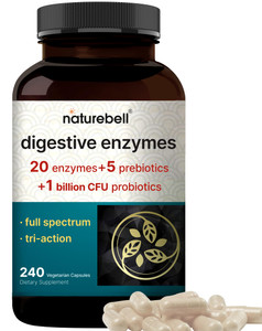 NatureBell Digestive Enzymes - 240 Capsules - Gut & Digestive Health Support Supplement* - with 20 Enzymes, 5 Prebiotics & 10-Strand Probiotic Blend