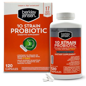 Berkley Jensen Natural 10 Strain Probiotic Supplement Capsules with 10mg B. Longum, Loaded with Live Strains & Beneficial Gut Flora, for Digestive &