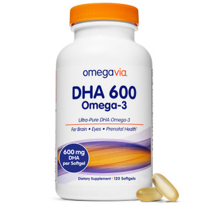 OmegaVia DHA 600 mg, Ultra Pure Omega-3 DHA Supplements for Brain and Eyes, DHA Prenatal Vitamins for Women, Burpless Fish Oil Omega 3, IFOS Tested,