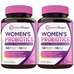 Doctor's Recipes Women's Probiotics, 120 Caps (Pack of 2) 50 Billion CFU 16 Strains, with Organic Prebiotics Cranberry, Shelf Stable, Delayed Release