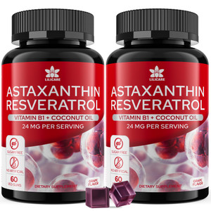 Astaxanthin Supplements 24mg Gummies with Resveratrol, Vitamin B1, Coconut Oil - Algae Organic Antioxidants for Men & Women Healthy Aging, Skin, Eyes