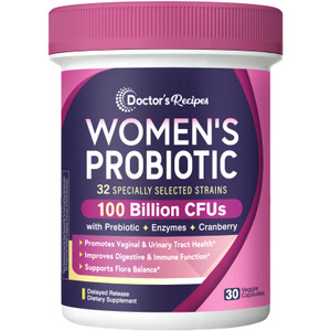 Doctor's Recipes Probiotics for Women, 100 Billion CFU 32 Strains, with Prebiotic, Enzymes & Cranberry, Shelf Stable, Delayed Release, 30 Caps