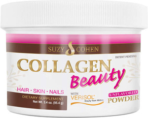 Collagen Beauty Powder By Suzy Cohen (3.3 oz) Anti Aging Hydrolyzed Protein Collagen Powder Type I and III for Supple Skin, Shiny Hair & Strong Nail