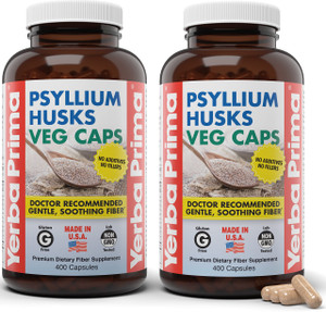 Yerba Prima Psyllium Husks Veg Caps, 400 Capsules (625mg) (Pack of 2) - Vegan, Non-GMO, Gluten Free, Colon Cleanser, Daily Fiber Supplement for Gut H