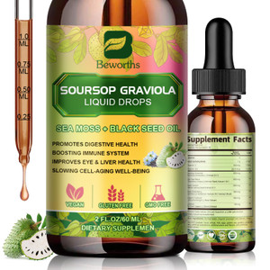 Soursop Bitters Liquid Drops with Irish Sea Moss, Black Seed Oil, Soursop Graviola Leaves Extract - Multivitamin Complex Supports Antioxidant, Slowin