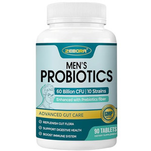 ZEBORA Probiotics for Men and Prebiotics for Digestive Health, 90 Tablets, 60 Billion CFUs for Immune and Gut Health, 10 Strains, Hypoallergenic Prob