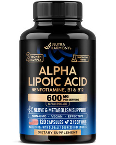 Alpha Lipoic Acid 600mg - ALA Supplement Antioxidant for Nerve, Energy & Metabolism Support - Extra Strength with Benfotiamine, B1 & B12 - Lab Tested