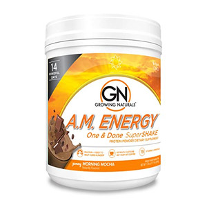 Growing Naturals All Natural Plant Based Protein, One & Done Super Shake, 18g Protein with Non-GMO High Fiber and Gluten Free, A.M. Energy 1 Pound (P