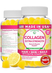 Lunakai USA Made Collagen Peptides Gummies - 200mg Non-GMO Anti-Aging Formula with Biotin, Zinc, Vitamins C & E for Hair, Skin and Nails, 60ct